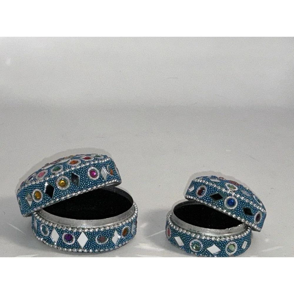Set Of 2 Nesting Beaded And Mirrored Trinket Gift Box India 2.25 In